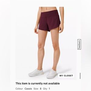 Lululemon Speed up mid rise lined short 4 inches maroon